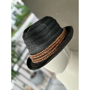 Jessica Simpson Paper Straw Fedora Hat OS Black Beaded